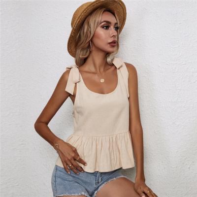 China 2021 new European and American women's QUICK DRY loose casual u-necks ruffled straps cotton and camisole canvas top for sale