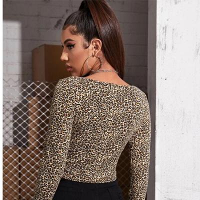 China 2021 hot women's blouse QUICK-DRY style sexy leopard print long-sleeved T-shirt European and American with straps for sale