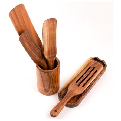 China Hit Amazon Wood Spatula Spurtles Teak Disposable Acacia Wood Set of 5 Utensils Sets with Wood Rack for sale