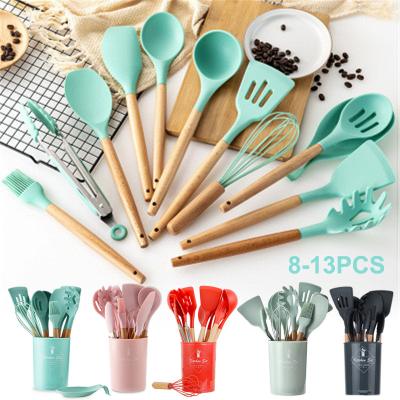 China Viable Household Custom Wholesale Silicone RAYBIN Cookware Wooden Kitchen Accessories Set With Wooden Handles for sale