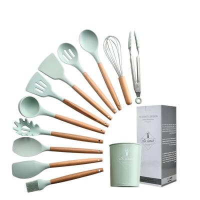 China Viable Custom Private Label Logo Trending Home Multifunction 11 Pieces Cooking Silicone Kitchen Accessories Wooden Tools and Gadgets for sale