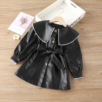 China Black Faux Leather Large Collar Viable Turn-Down Long Sping Coat 2022 Wind-breaker 2-6 Years for sale