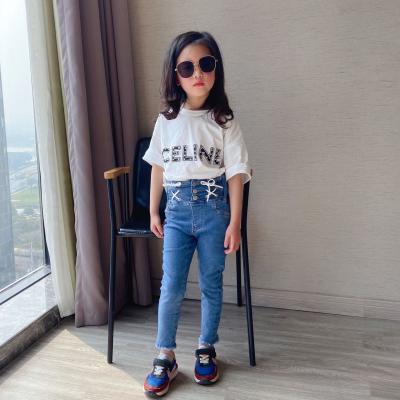 China 2021 New Sustainable Big Girl Blue Jeans With White Lace Up Cute Girl Black Denim Pants 4-8T for sale