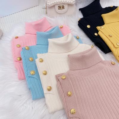 China 2021 autumn winter children's solid turtle neck girl's sweater with buttons 4-9 years old for sale