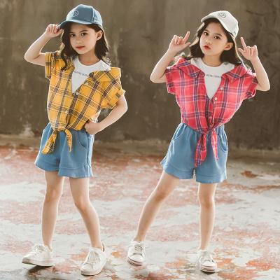 China 2021 New Summer Kids Casual Girl 2 Pcs Fashion Patchwork Blouse +Ruffle Short Set Blue Short Clothing Set 4-9T for sale