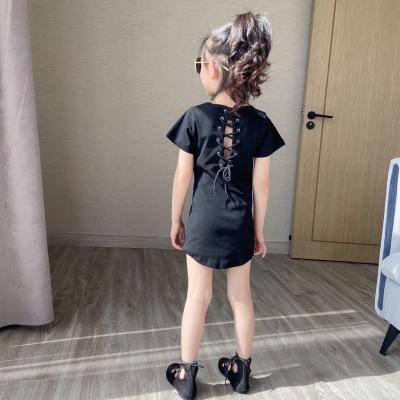 China 2021 New Kids Girl Breathable Dress Black Cute Short Sleeve Homecoming Lace Up Dress For 3-8T for sale