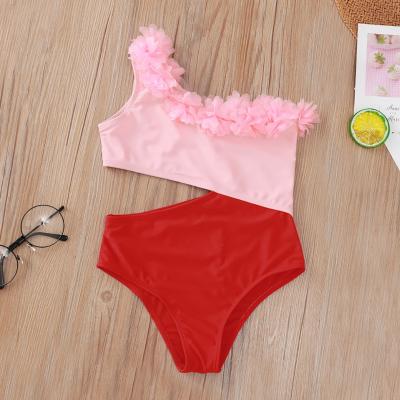 China Breathable 2021 Summer Toddler Girl 2 Pcs Swimsuit Set One Shoulder Cute Flowers Top + Bottom 2-5T for sale