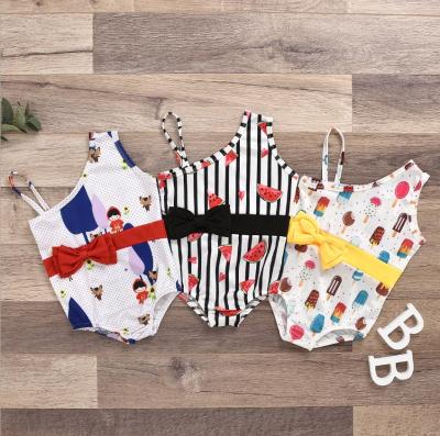 China Breathable Baby Toddler Girl Pattern One Piece Printed Swimsuit With Yellow Bow Tie for sale