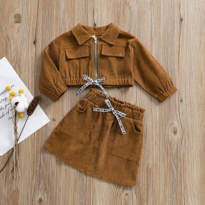 China 2021 New Children Girls Casual 2 Piece Brown Corduroy Outfit Set Short Crop Jacket + One-Line Skirt 2-6 Years Old for sale