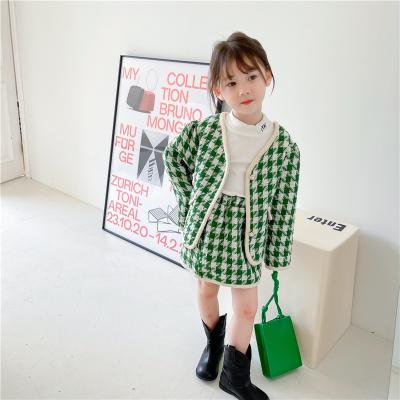 China 2021 Fashion Baby Soft Infant Kids Outfit Set Cute Green Plaid Jacket + Skirt Clothing Set 1-6 Years Old for sale