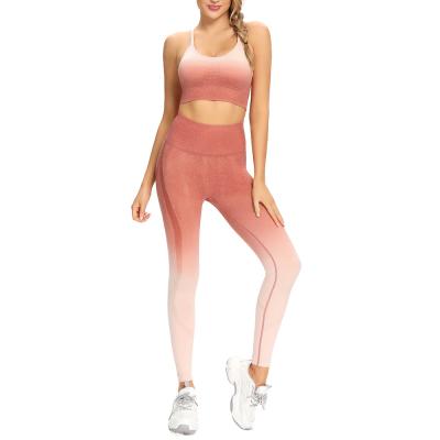 China Breathable Gradient Color Sports Bra Set Women Seamless Tight Hip Waist Yoga Pants Peach Fitness Suit Top for sale