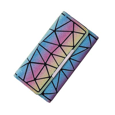 China High Quality Waterproof Luminous Geometric Light Hologram Wallet Fashion Three Fold Wallet Sequin Rainbow Summer Reflective Wallet For Women for sale