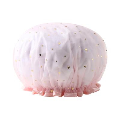 China 2021 New Women Solid Color Double Layer EVA Satin Shower Cap Custom Viable Waterproof Bath Hat for sale