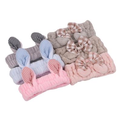 China Fashion Home Use Grid Patchwork Elastic Headband Fresh Color Coral Fleece Mack Up Cute Main Wear for sale