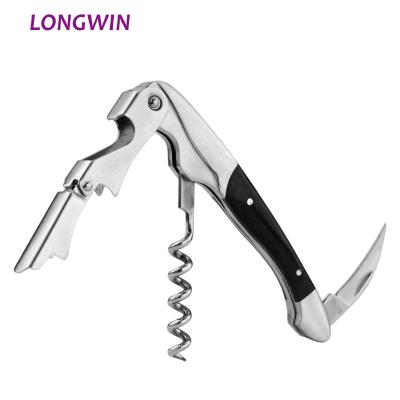 China Durable Double Hinged Wooden Handle Opener Server Stainless Wine Corkscrew Sommelier Twists Wine Openers for sale