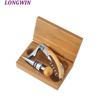 China Viable wine opener gift set bamboo box of 2 pieces gift set corkscrew wine openers with sotpper for sale