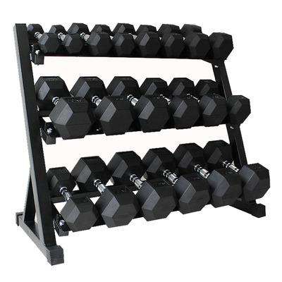 China American Wholesale Fitness Equipment Gym Style High End Adjustable 3 Row 15 Pair Triangle Hex Dumbbell Set Rubber Rack for sale