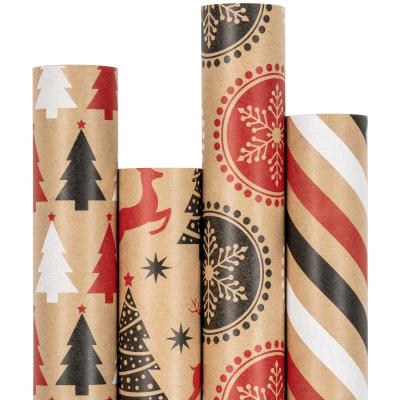 China Recycled Materials 100% OEM Recycle Brown Kraft Paper Pembungkusan Kertas 30 Feet Inch*10 8 Gsm Christmas Tree Printing Gift Wrapping Paper for sale