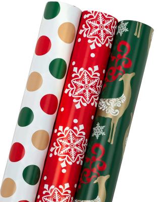 China Red Green Copper Papel Printing Pattern Polka Dot Polka Dot OEM Paper Christmas Inpak 30 Inch*10 Feet 3 Wrap Rolls Para Moisture Proof Paper Wrapping Rolls for sale