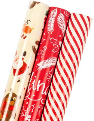 China OEM Moisture Proof Red Stripe Pattern Printing Papel 3 pembungkusan Rolls 30 Inch*10 Feet Christmas 8 Gsm Copper Paper Printing Gift Wrap Para for sale