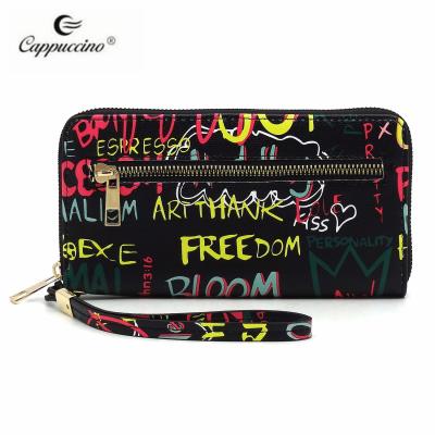 China Waterproof 2021 Wholesales Vegan Multi Printing Faux Graffiti Long Leather Purse Clutch Card Holder Wallet Wristband Custom With Logo for sale