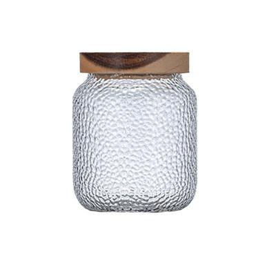 China Sustainable Custom Stylish Glass Storage Jar With Special Texture With Sealed Acacia Wood Lid for sale