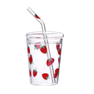 China Sustainable High Borosilicate Glass Mug With Lid 350ml Cute Cartoon Cup With Straw Coffee Cup Can Be Used For Personal Household for sale