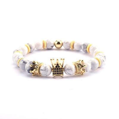 China CLASSIC White Stone Volcanic Stone Bangle Mens Gold Crown Jewelry Natural Stone Bead Bracelet for sale