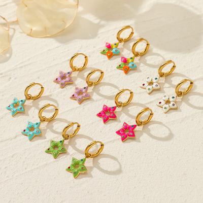 China 2022 Creative 18K Gold Multicolor Star Earring TRENDY No Fade Crystal Stainless Steel Colorful Enamel Star Pentagon Star Huggie Earrings for sale