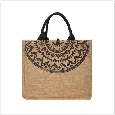 China PORTABLE in Gift Bohemia Style Eco-Friendly Natural Handbag for Women Cotton Handles Burlap Holiday Purse Burlap Shoulder Bag for sale