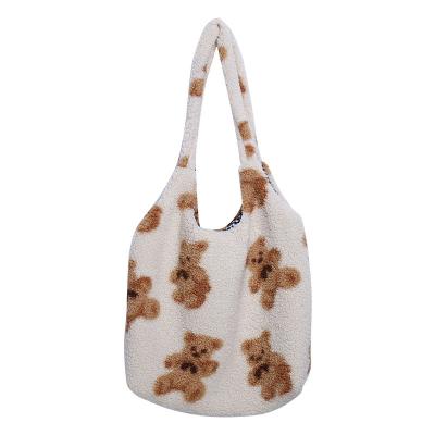 China China factory supplier PORTABLE women shoulder bags for girls fashion teddy bear printed fur tote bags hotsale japanese cute handbags for sale