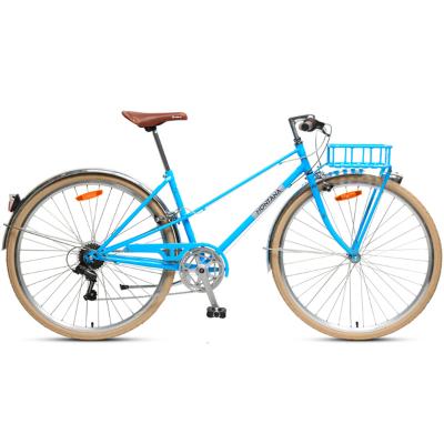 China Steel Cargo Bike 700C Elevate 7 Speed ​​Front Basket City Commuter Bike With Front Lights for sale