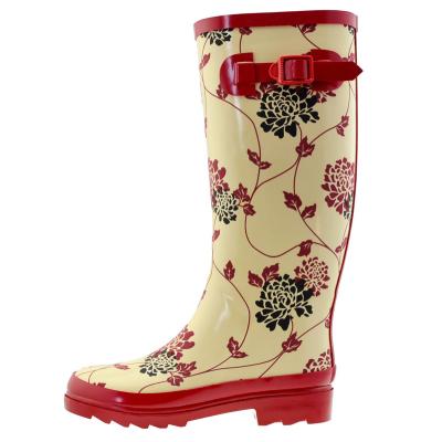 China Fashion Trend Red Tall Womens Rain Boots With Concise Flower / Leaf Print And Buckle On The Outside for sale