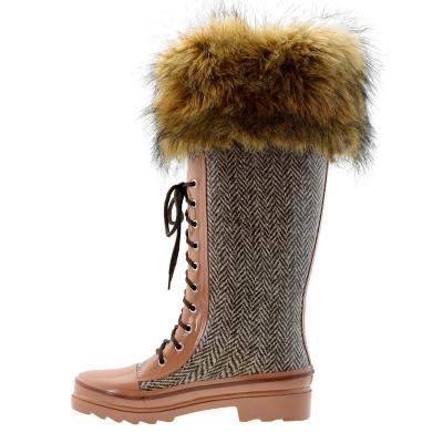 China Fashion Trend Tall Women's Lace-Up Rain Boots With Special Warm Fur Cuff And Herringbone Print for sale