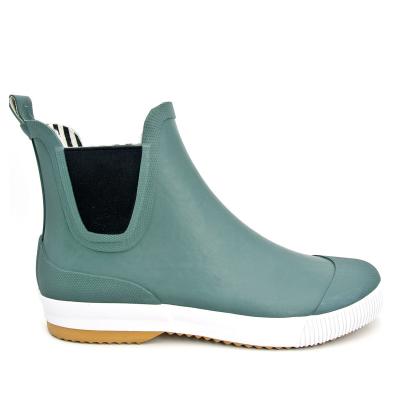 China Fashion Trend Short Cut Women's Traditional Chelsea Rain Boots in Army Green with Toe Cap Detail and Stripe Printed Cotton Lining for sale