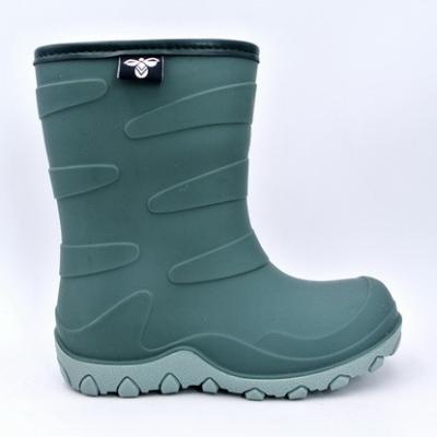 China Cushioning Kids TPR Rain Boots in Army Green Color with Gray Warm Fleece Lining and Black PU Collar Binding for sale