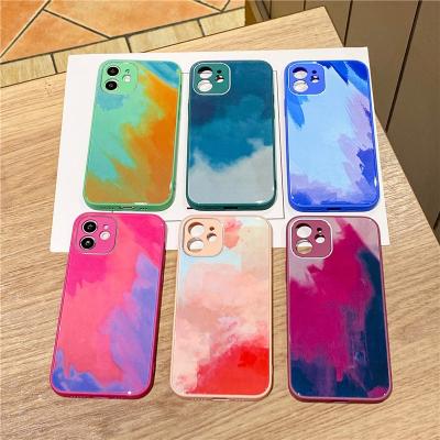 China 2021 UV Phone Cases 9H Watercolor Anti-fall Sublimation Silicone Cover Printer Rubber Glass Case For iphone 12 Pro Max Phone Case With Logo for sale