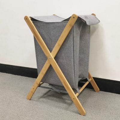 China Cleany Sunrise Factory Supply Bamboo dirty clothes basket with cloth bag (Imitationn linen composite cloth)Bathroom shelf for sale