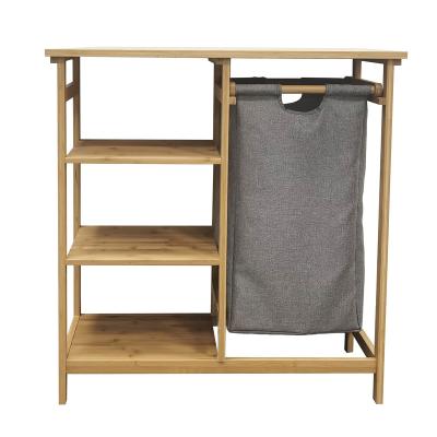 China With fabric dirty cloth basket Sunrise Factory Supply Bamboo dirty clothes basket with cloth bag (Imitationn linen composite cloth)Bathroom shelf for sale