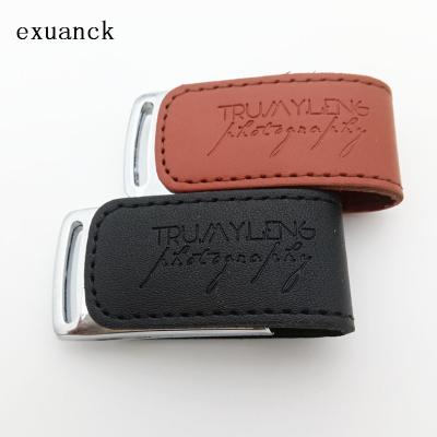 China Exuanck Leather USB Flash Drive Customize Logo Photograph Commemorated Gift Leather Clip USB 2.0 4GB 8GB 16GB 32GB for sale