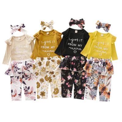 China Wholesale Anti Shrink Cotton Baby Clothes 4 Colors Long Sleeve Floral Pants 3 Pieces Outfit Set With Headband for sale