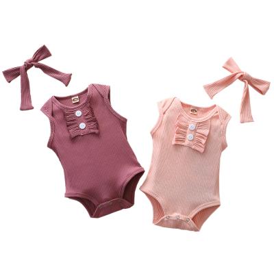 China Wholesale 100% Cotton Infants Clothes Sleeveless Babies Rompers Plain 100% Cotton Baby Romper With Headband Set for sale