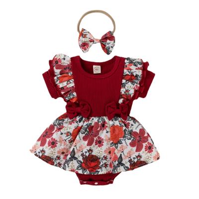 China 100% Cotton Summer Newborn Babies Clothes Jumpsuit Baby Clothes Floral Dress Skirt Romper With Bow for sale