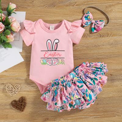 China 2022 Easter Rabbit Embroidery Babies Clothing Set Cartoon Print Romper Kids Boutique Clothes Anti-Shrink for sale