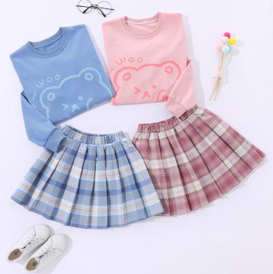 China Casual Bear Print Kids 2 Fashion Children 2 Piece Set Causal Loose Print Skirt Kids Skirts Set Girl's Sweatshirt And Plaid Skirt Set for sale