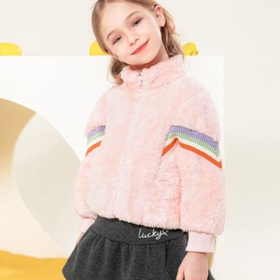 China Fleece Jacket Winter Girls Shearing Jacket Bottom Colorful Striped Ribbed Warm Loose Coat For Kids With Zipper Kids Winter Coat for sale