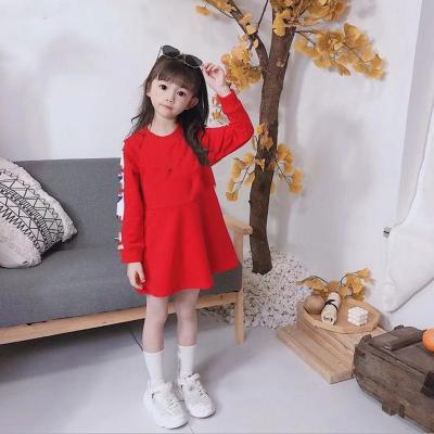 China Soft Girls Dress Long Sleeve Side Stitching Cotton Dress Solid Color Printed Causal Dress Girls For Girls for sale