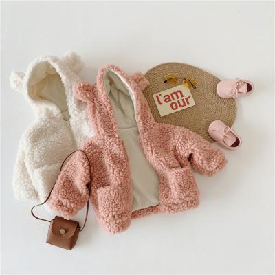 China cwt02 Anti-wrinkle babies winter jacket lambs wool coats kids bear ears fluffy sweater kids outerwear girls loose overcoat for sale