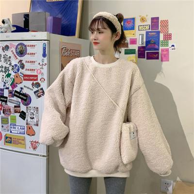 China Ladies cwt33 lamb O neck breathable loose fashion hoodie simple candy color women in long pullover coat for sale