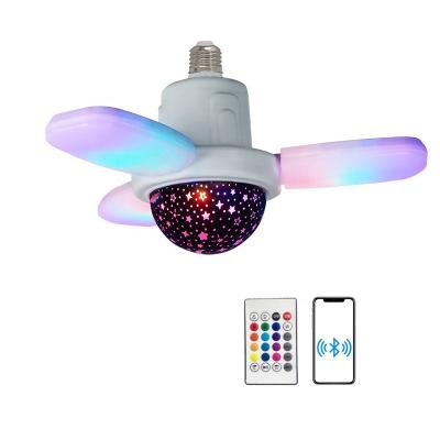 China PP Blue Tooth Fan Light RGB Starry Color Changing Bulb With Remote Control E27 Speaker Foldable Projector Star Party Light for sale